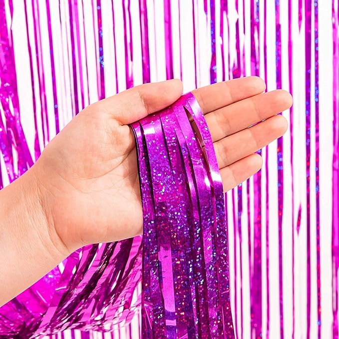 BRAVESHINE Hot Pink Tinsel Foil Fringe Curtains - 2Pcs 3.2x8.2ft Metallic Party Streamers Backdrop for Christmas Girl Birthdays Bridal Shower Bachelorette Engagement Hawaiian Luau Party Decorations
