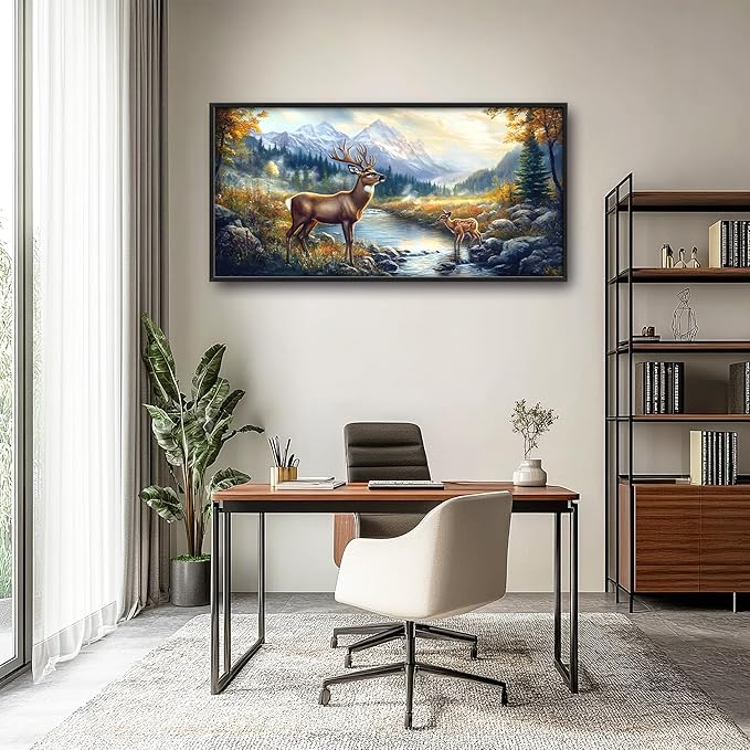 Elk Deer Large Wall Art Framed Farmhouse Wall Decor for Living Room Rustic Cabin Pictures Oversized Canvas Print Painting Modern Extra Large Framed Artwork for Bedroom Office 60"x30"