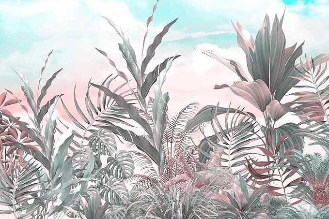 Tropical Leaves Flowers Seamless Pattern Mural, Wallpaper for Bedroom, Living Room, Bathroom Decorative Art Background Wall（Non-self-Adhesive）