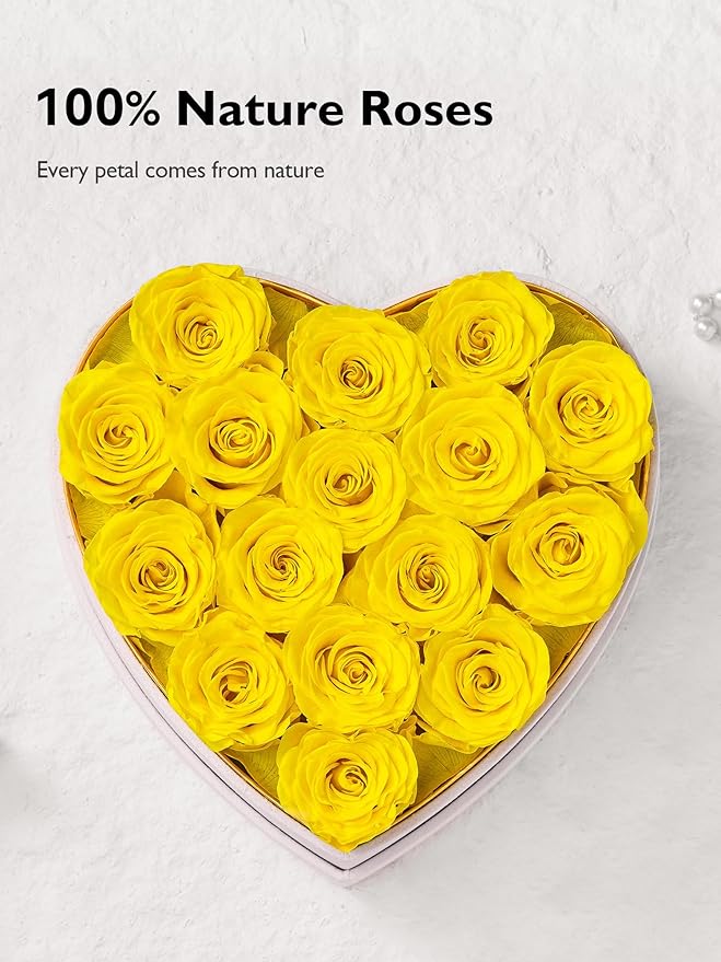 Eterfield Forever Flowers in Heart Shape Box, Preserved Roses That Last a Year Preserved Flowers Birthday Gifts for Her Mom Women Wife Anniversary Valentine's Day Mother's Day (16 Roses, Yellow)