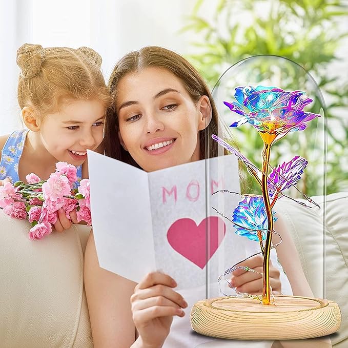 QUNPON Womens Gifts for Christmas Flowers Gifts Women,Mom Grandma Sister for Girlfriend Her Wife Friends,Birthday Gifts for Women,Rainbow Galaxy Glass Rose Gifts for Christmas,Valentines Day