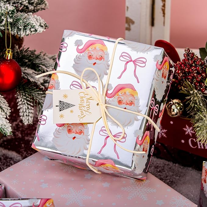 MAYPLUSS Christmas Wrapping Paper Roll - 17 Inch X 33 Feet - Pink Cute Bow Santa Claus Reversible Snowflake Gift Wrapping Paper, Thick Wrap Paper for Holiday Party New Year Kids