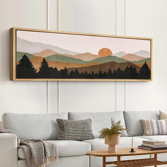 SIGNFORD Large Framed Canvas Print Wall Art Abstract Mountain Contours Sunset Landscape Illustrations Modern Art Relax/Calm Warm for Living Room, Bedroom, Office - 60"x20"