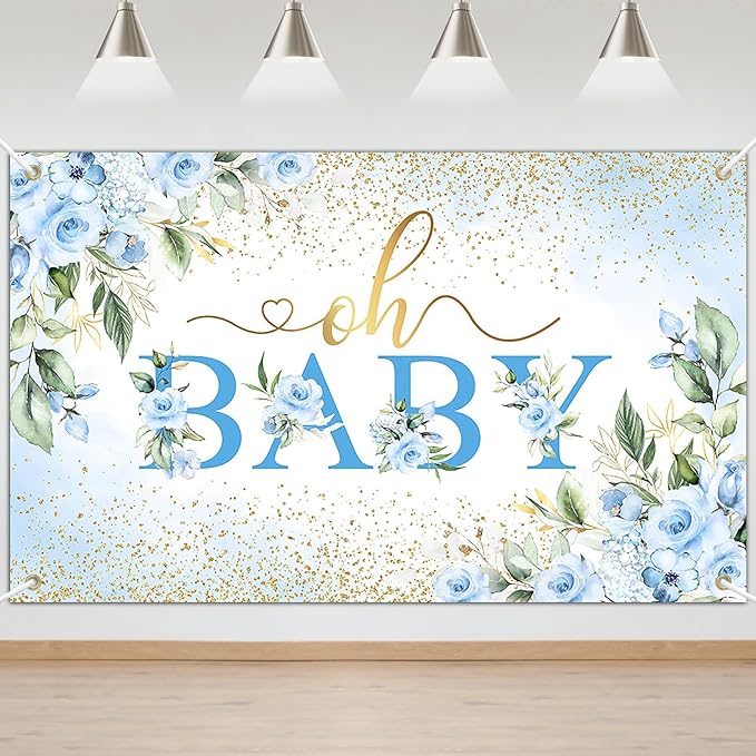 Mocsicka Oh Baby Backdrop Blue Floral Baby Shower Banner for Boys Party Decorations Photo Booth Props (Blue, 6x3.6ft)