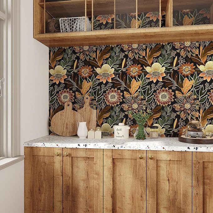 Boho Wallpaper Peel and Stick Dark Floral Wallpaper for Cabinet Vintage Contact Paper Waterproof Self Adhesive Removable Modern Wall Paper for Bedroom Stair Bathroom 17.5in x118in