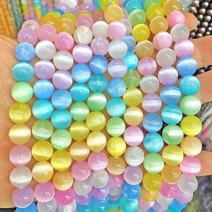 75PCS 10MM Colorful Selenite Gypsum Stone Crystal Beads for Jewelry Making DIY Bracelet 2 Strands