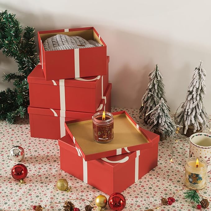 Soul & Lane Christmas Square Decorative Boxes with Lids - Set of 4 - Festive Red, Reusable Large Nesting Holiday Gift Boxes for Presents and Décor