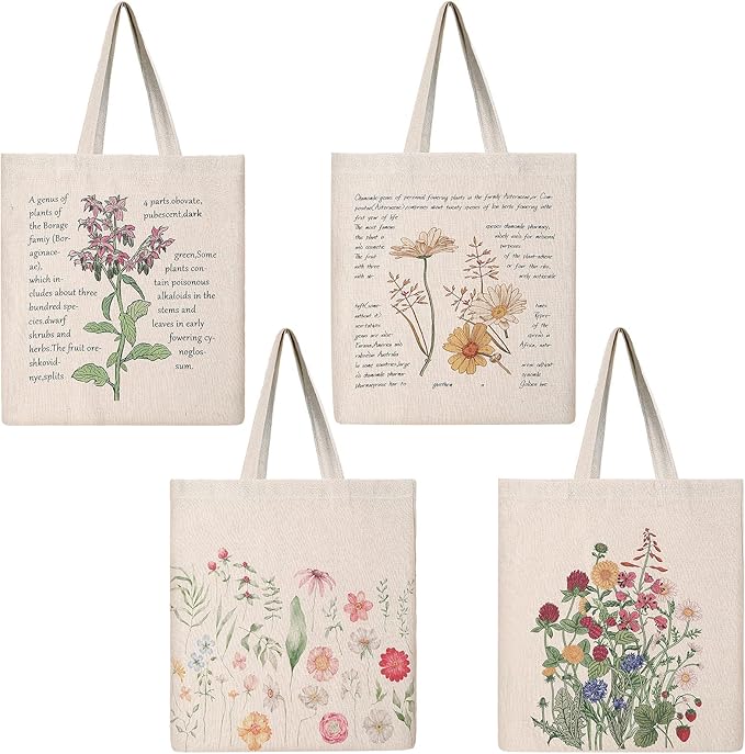 Saintrygo 4 Pieces Canvas Flowers Bible Tote Bag Gift Beautiful Floral Aesthetic Reusable Tote Bag Grocery School Book Lover Makeup Pocket for Girls Women Teacher(Flower)