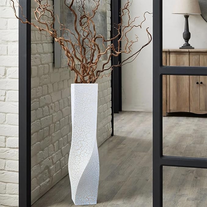 Tall Vases On Floor, 27.56" Twisted Geometric Flower Vase for Home, Living Room, Flower Centerpieces, Shelf, Table, Decor, White Crackle Vase