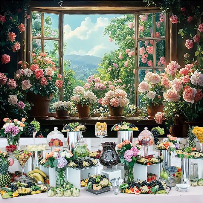 Baocicco 8x6.5ft Flowers Windowsill Photography Background Spring Floral Retro Oil Painting Photo Backdrop for Valentines Mothers Day Birthday Wedding Party Decorations Girls Women Portraits