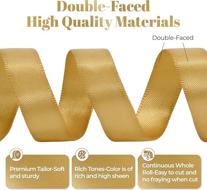 Light Gold Satin Ribbon, Double Faced 1/2 Inch X 50 Yards Light Gold Ribbon, Premium Satin Ribbon for Gift Wrapping, Crafts, Hair Bow Making, Sewing, Flower Bouquet, Wedding Party Decor