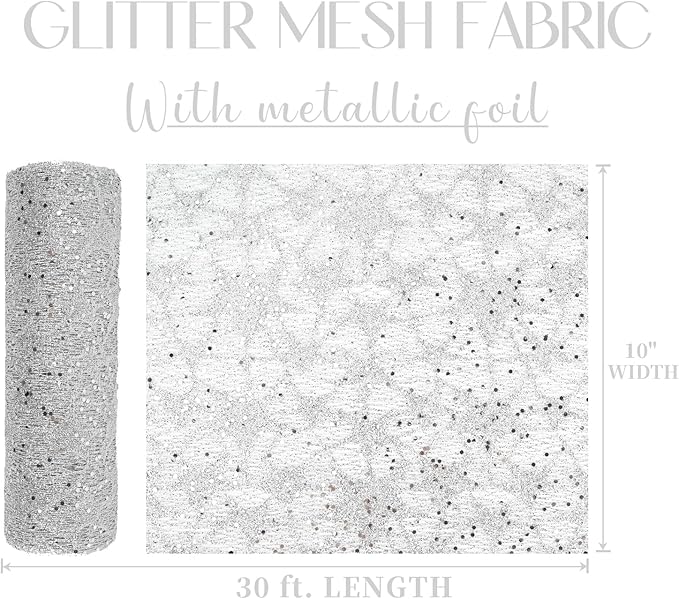MEEDEE Silver Glitter Mesh Star Web Ribbon 10 Inch Wide by 10 Yards Roll Silver Fabric Ribbon Decorative Mesh Ribbon for Christmas Tree, Garland, Holiday Wreaths, Bows