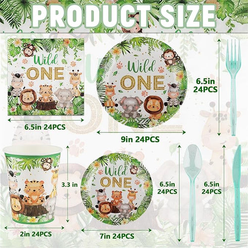 168 PCS Wild One Birthday Tableware Supplies, Disposable Plates Napkins Cups Knives Forks Spoons, Elephant Tiger Tableware Set for Jungle Safari Birthday Baby Shower Christmas Party Decor, Serves 24