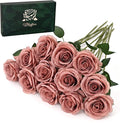 Waipfaru 12 Pcs Artificial Flowers Fake Silk Dusty Roses, Faux Real Touch Roses Bouquet with Long Stem for Wedding Party Home Decor (Dusty Rose)