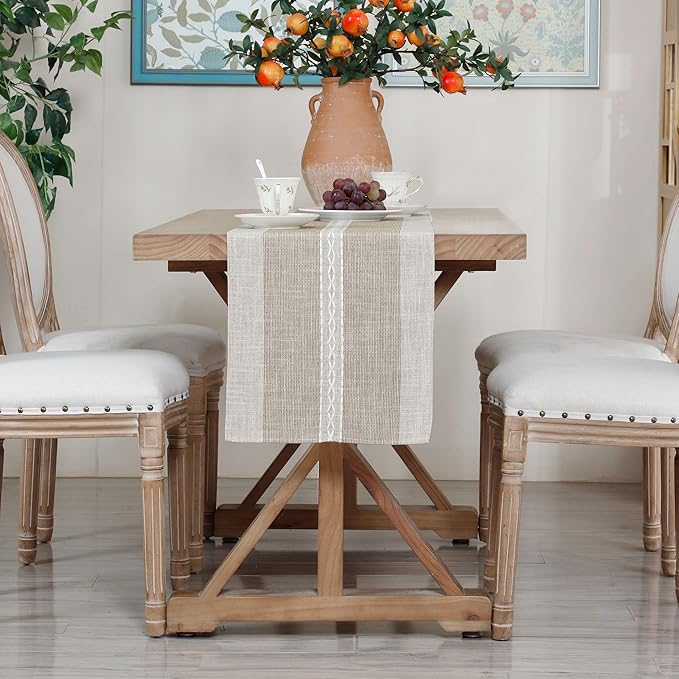 Farmhouse Braided Striped Table Runner Rustic Embroidery Coffee Table Runners for Decorations Weddings Holiday Brown 13x90inch