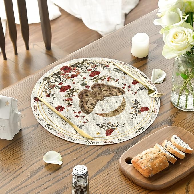 Artoid Mode Beige Poppy Moth Moon Round Placemats Set of 4, 14 Inch Floral Spring Round Table Mats for Party Kitchen Dining Decoration