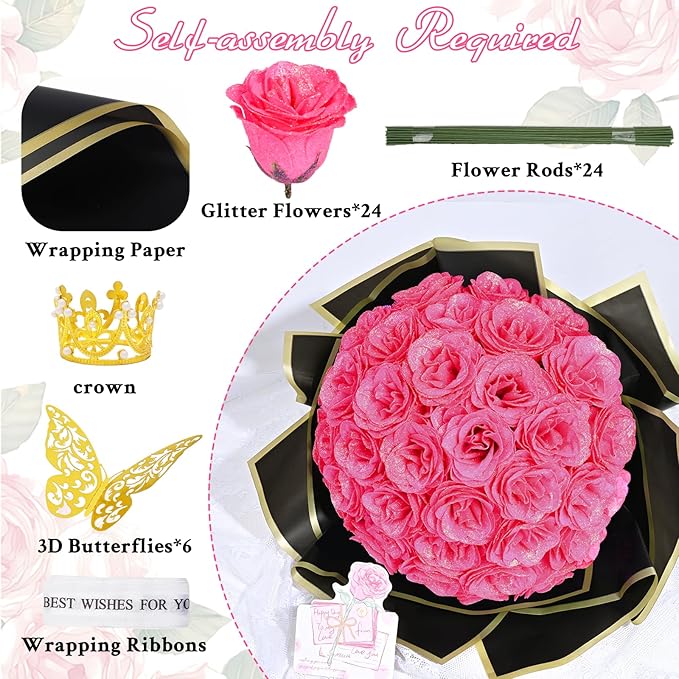 Waipfaru Glitter Roses Bouquet, DIY Fake Flowers Bouquet, Birthday Gifts for Women Mom, 24 Pcs Hot Pink Rose for Wife Girlfriend Valentines, Mothers Day, Anniversary, Graduation
