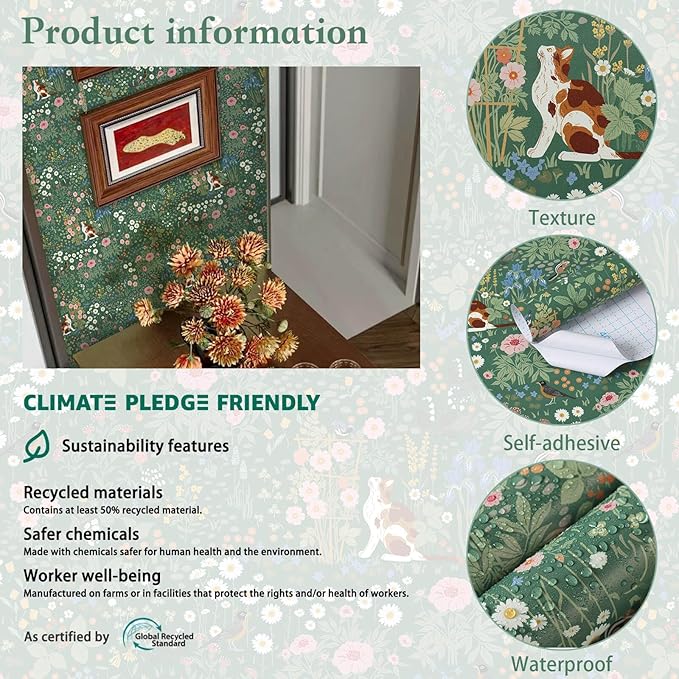 Heroad Floral Peel and Stick Wallpaper Green Wallpaper Boho French Country Contact Paper Vintage Cat Birds Removable Self-Adhesive Wall Paper for Bedroom Kitchen Cabinets Decoration Vinyl 17.3”x393”