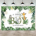 15x10ft Baby Shower Backdrop A Little Boy is On His Way Photography Background Jungle Animals Elephant Giraffe Green Gold Leaves Kids Party Banner Decorations Newborn Parties Photo Booth Prop