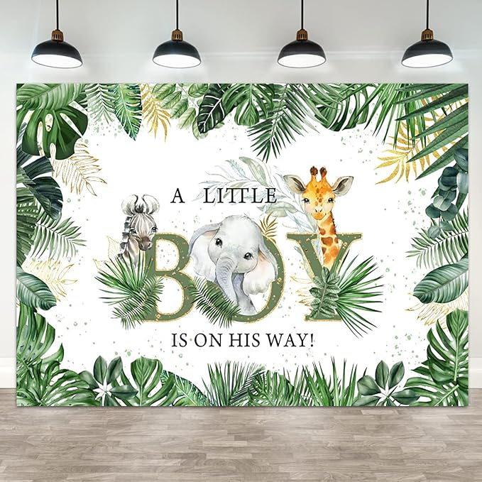 12x8ft Baby Shower Backdrop A Little Boy is On His Way Photography Background Jungle Animals Elephant Giraffe Green Gold Leaves Kids Party Banner Decorations Newborn Parties Photo Booth Prop