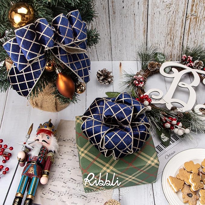 Ribbli Navy Blue Velvet Ribbon Wired with Glitter Diamond Grid 2-1/2 Inch Christmas Ribbon for Christmas Tree Decoration Big Bow Gift Wrapping Crafts Wreaths Garland Supplies - 10 Yards