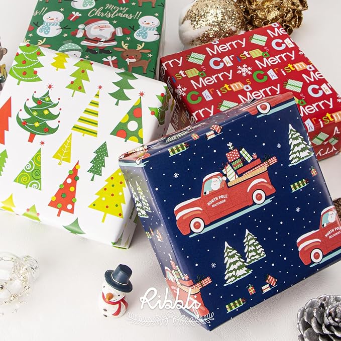 Ribbli Christmas Wrapping Paper 30 Inch Gift Wrapping Paper 4 Rolls Merry Christmas Santa Claus Snowman Tree Printed Assortment -30 Inch x 10 Feet Per roll