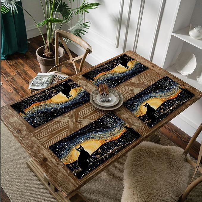 Cat Placemats Set of 4, Starry Night Black Cat Table Mats Place Mats for Kitchen Dining Table Decoration 16.9x11.4 Inch