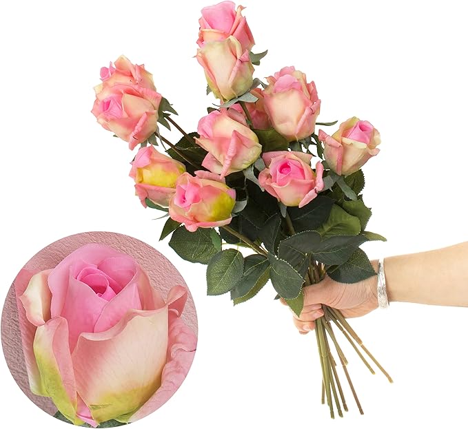12pcs Half Opened Artificial Rose Buds,17 Inch Real Touch Silk Roses with Partially Opened Flowers, Artificial Flower for Home Décor Centerpiece Wedding Bouquet,Pink