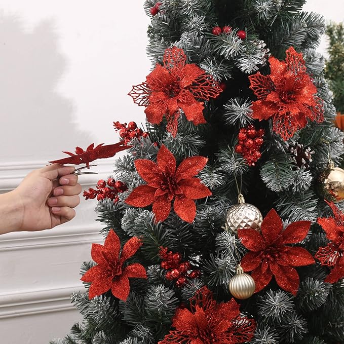 24Pcs Red Glitter Poinsettia Christmas Tree Ornaments and Glitter Berries Stems, 16Pcs Christmas Artificial Flowers and 8 Pack Christmas Tree Picks for Wedding Holiday Decorations
