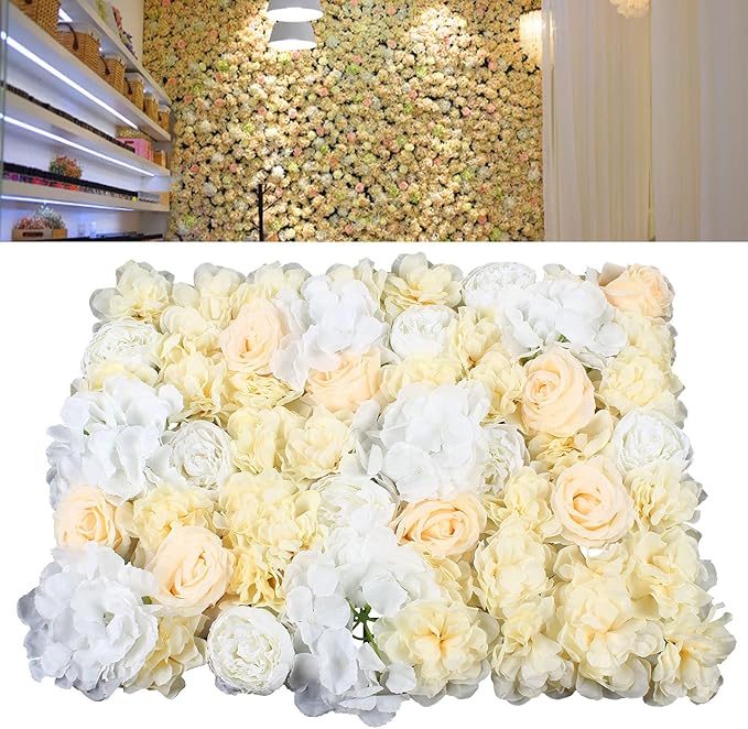 LOYALHEARTDY 12 Pack 24" x 16" Artificial Flower Wall Panels Hydrangea and Rose Flower Backdrop Panels Wedding Party Event Decoration (12 PCS, Yellow+White)