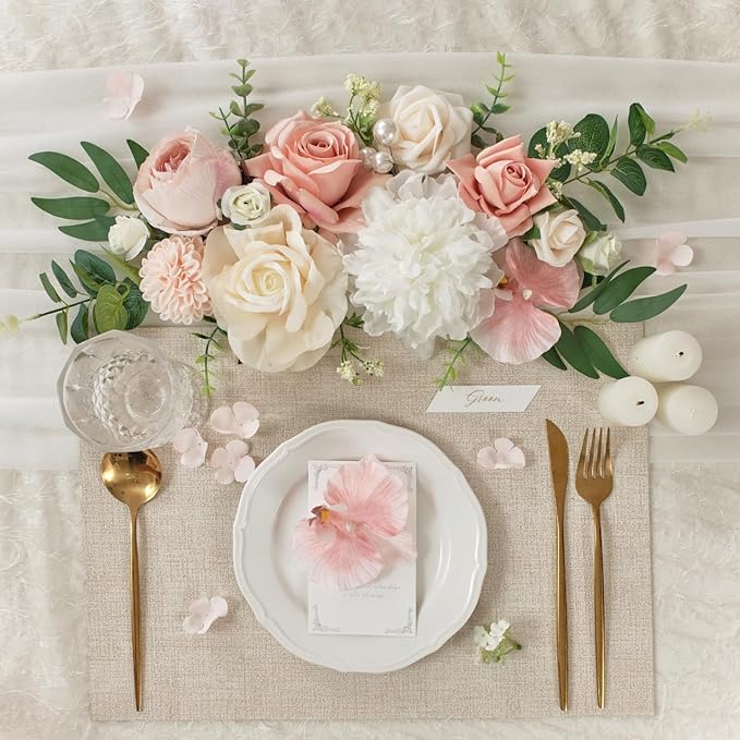 TINGE TIME Artificial Flowers Combo Mix Silk Flowers Pink Roses w/stem for DIY Wedding Bridal Bouquets Baby Shower Floral Arrangement Table Centerpieces Home Decorations (Dusty Rose & Champange)