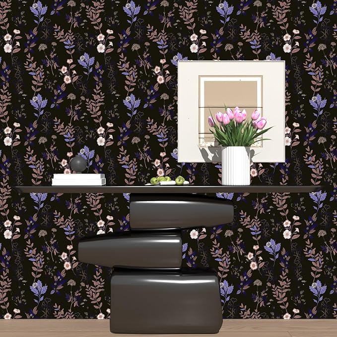 Black Floral Wallpaper Peel and Stick Purple Leaf Contact Paper 17.4" X 118" Moody Dark Wallpaper Waterproof Self-Adhesive Vintage Wall Covering for Bedroom Countertop Desk Cabinets Decor