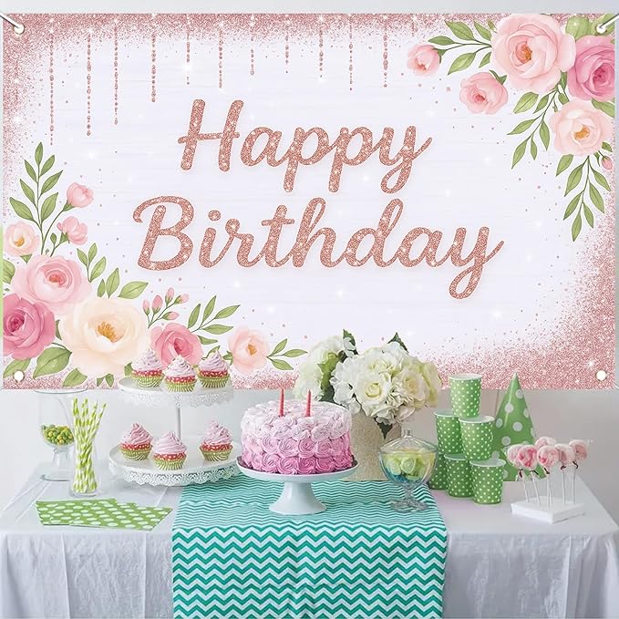 Rose Gold Birthday Backdrops Banner Floral Pink Flower Glitters Happy Birthday Photography Background for Women Girls Wedding Baby Shower Decor Party Photo Booth Supplies 6x4ft