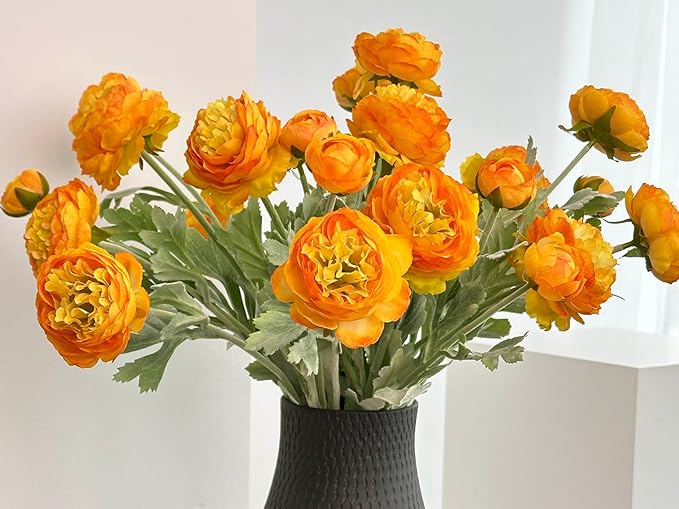 7 pcs Orange Peonies Artificial Flowers, Fake Ranunculus for for vase, Fake Silk Flowers for Home Table Centerpiece Office Desk Farmhouse Kitchen Dining Coffee Table Decoration (Light Orange)