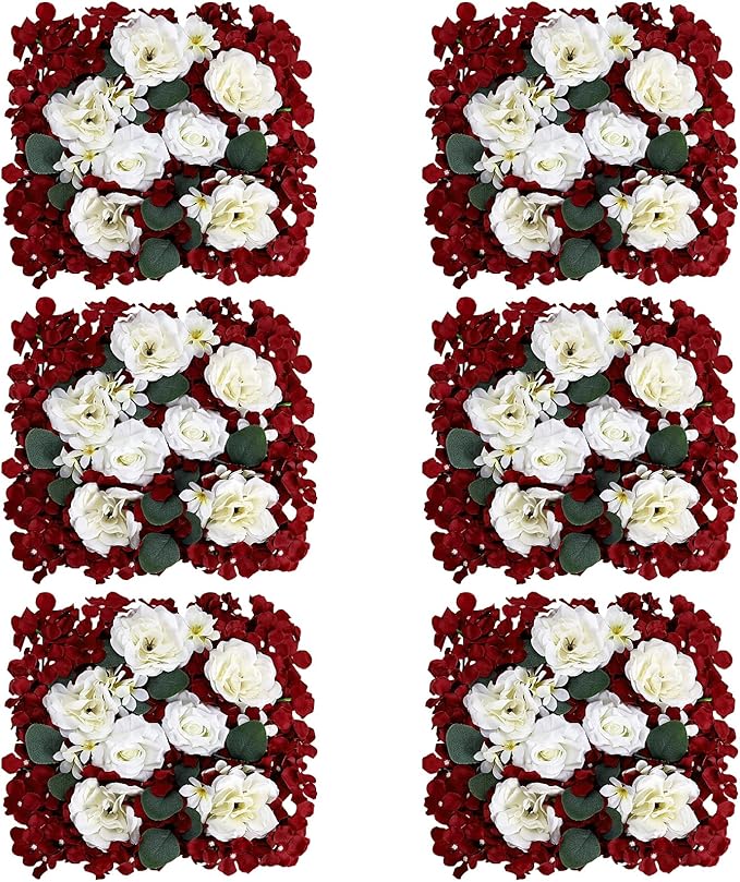 Pack of 6 Artificial Silk Flower Panels, Faux Floral Wall Background for Wedding Party Engagement Bridal Shower Arrangement Home Decorations - Burgundy & White