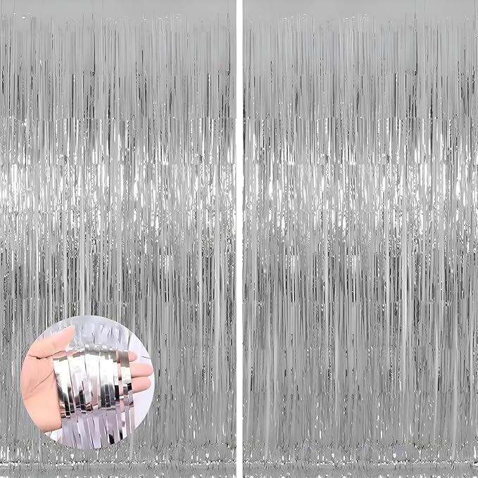 Keyali 2 Pack 3.3 * 8.3 ft Foil Curtain Metallic Tinsel Fringe Curtains Photo Booth Props Backdrop for Birthday Wedding Engagement Baby Shower Christmas Holiday Celebration Partyl,Silvery