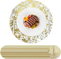 Hysenm 100 Pcs Disposable Gold Placemats Set Metallic 13 Inch Round Foil Mesh Pressed Table Doilies, Ultra-Thin Disposable Placement Mats for Home Decoration Dining Table Wedding Birthday Party