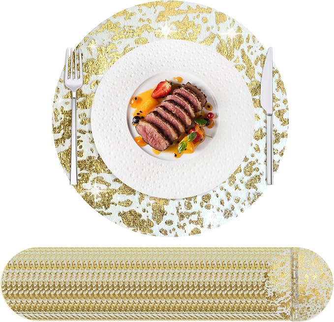 Hysenm 100 Pcs Disposable Gold Placemats Set Metallic 13 Inch Round Foil Mesh Pressed Table Doilies, Ultra-Thin Disposable Placement Mats for Home Decoration Dining Table Wedding Birthday Party