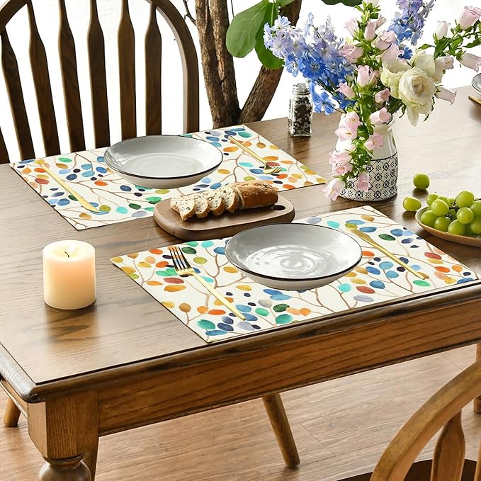 Watercolor Leaves Spots Placemats Set of 4, Placemats Dining Table Mat Set,12x18 Washable Stain Resistant Wipeable Cloth Placemat for Kitchen Buffet Parties