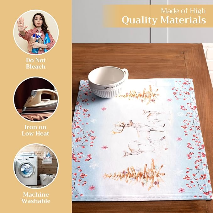 Maison d' Hermine Placemats Set of 4 100% Cotton Washable Cloth Place Mats, Reusable Table Mats for Thanksgiving Christmas Decorations Kitchen Dining Party Wedding (Fairy Tale Forest, 13" x 19")