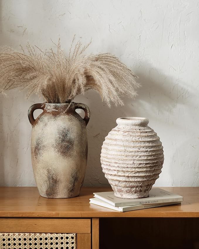 Ceramic Rustic Vase for Decor - 8.4Inch Farmhouse Vases - Decorative Vase for Home Decor, Boho, Wabi-sabi - Oatmeal Milkshake