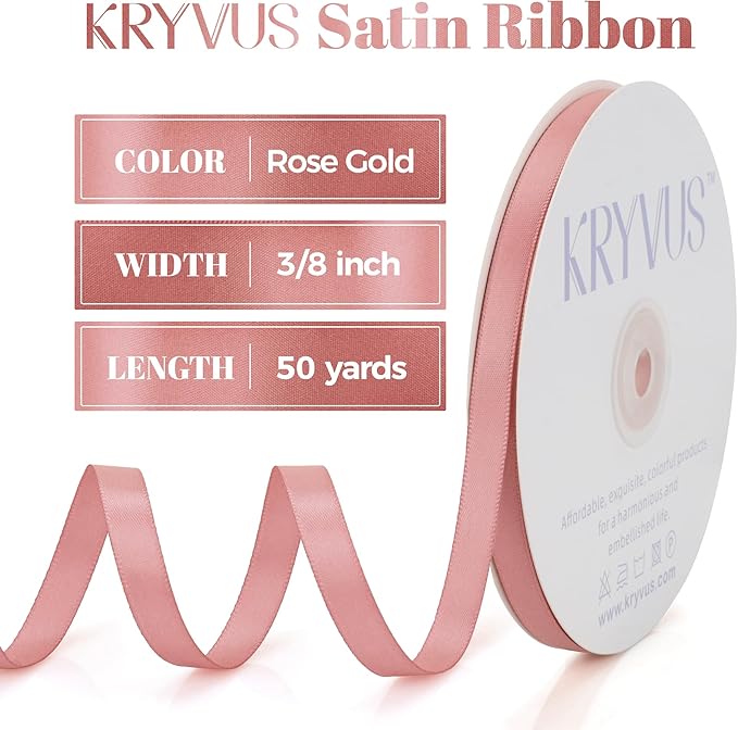 Rose Gold Satin Ribbon, Double Faced 3/8 Inch X 50 Yards Rose Gold Ribbon, Premium Satin Ribbon for Gift Wrapping, Crafts, Hair Bow Making, Sewing, Flower Bouquet, Wedding Party Decor
