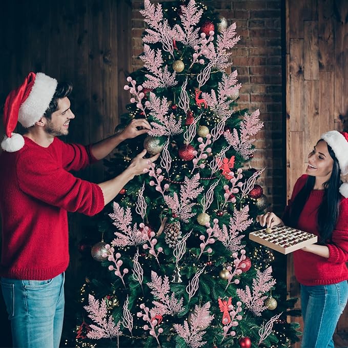 75 Pcs Christmas Glitter Branches 3 Styles Artificial Christmas Picks Berries Stems Pine Needles Floral Twig Spray for Xmas Tree Ornaments DIY Wreath Garland(Light Pink)