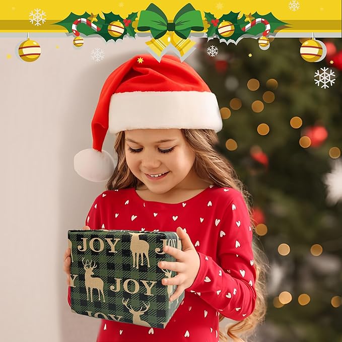Christmas Wrapping Paper, Holiday Kraft Gift Paper (4 Rolls: 148 sq. ft. ttl) - Red/Green and Black Plaid Grid Patterns, Stockings Snowflakes Pine Tree and Reindeer - 30 inches x 14.8 feet Per Roll
