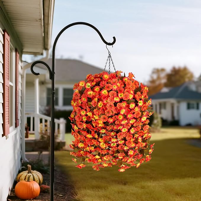 Artificial Fall Hanging Flowers for Outdoors Decoration, 2PCS Fake Plants Faux Realistic Silk Morning Glory Long Vines UV Resistant for Autumn Outside Porch Patio Balcony Yard Planter, OrangeYellow