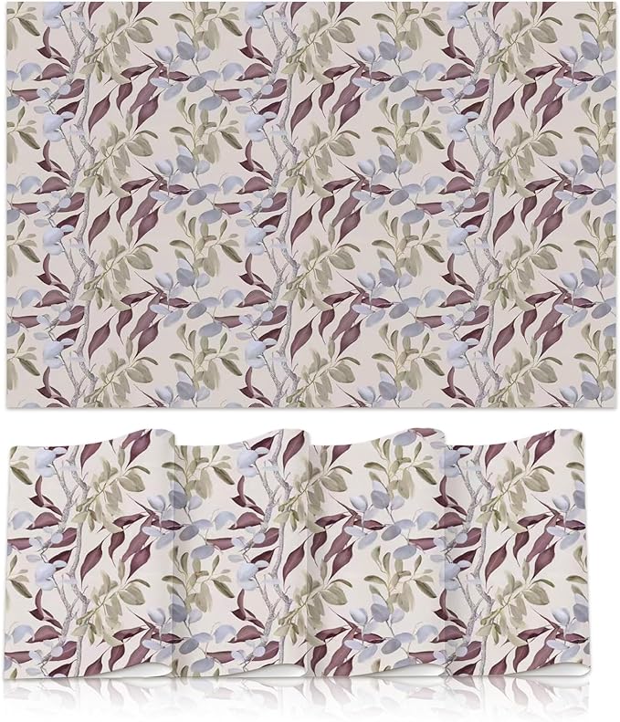 Botanical Placemats Set of 4, 12x18 in Waterproof Place Mats for Dining Table, Floral Table Mats with Mauve Gray Green Leaves and Silver Branches, Nature-Inspired Heat-Resistant Kitchen Decor
