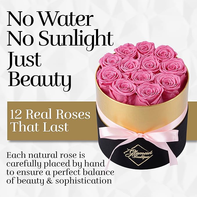 GLAMOUR BOUTIQUE Eternal Preserved Roses in a Box - Flowers Forever, Rose Forever in a Box for Wife, Birthday Gifts for Her, 12 Roses, Pink