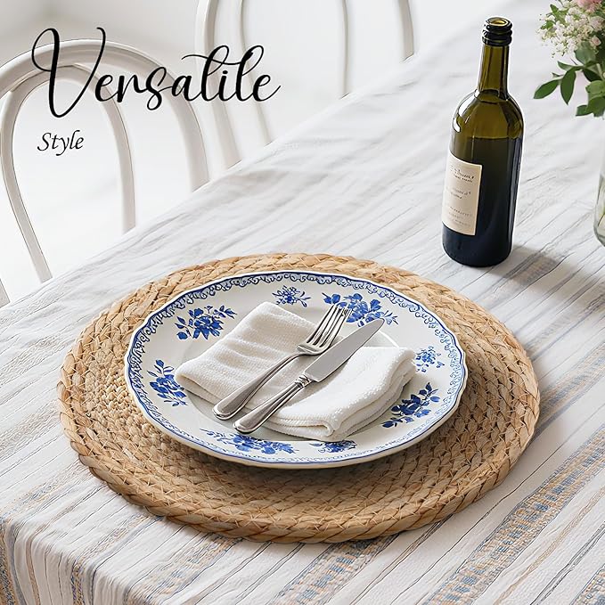 13 Inch Woven Placemats Set of 12, Rustic Round Placemat for Dining Table, Boho Jute Charger for Dinner Plates, Farmhouse Winter Holiday Decor, Water Hyacinth Wicker Rattan Braided Place Mats