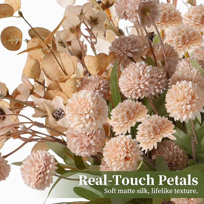 Real-Touch Beige Faux Mums Bouquet, 20 Fake Kiku Stems with Eucalyptus & Wildflowers, Full and Lifelike Artificial Flower Arrangement for Vases, Weddings, Centerpieces & Home Décor (No Vase)