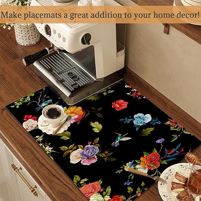 Vintage Rose Peony Flowers Placemats Set of 6 Place Mats for Kitchen Table Washable Farmhouse Linen Table Mats Dining Decoration 12x18 Inch